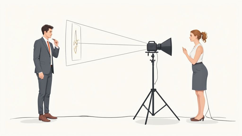 Ein Mann betrachtet eine Projektion an einer Wand, während eine Frau neben einem Projektor steht, der ein Bild anzeigt.