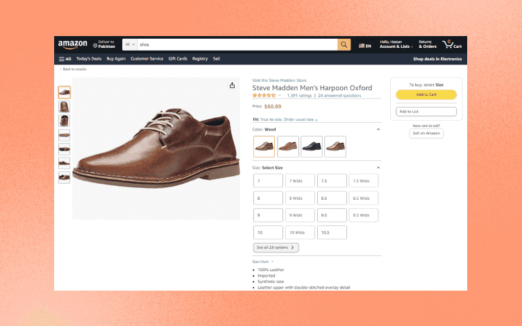 A screenshot of the Amazon website with a brown shoe as a product listing