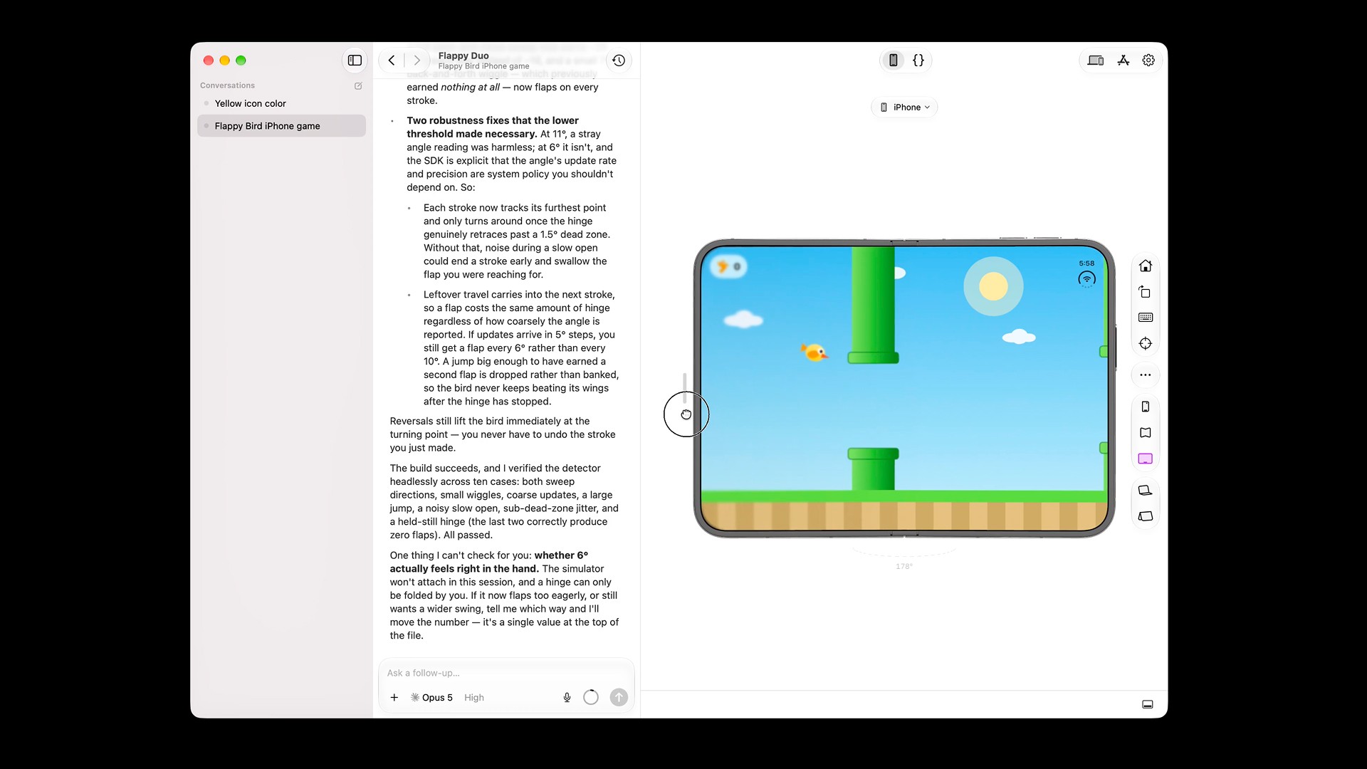 Flappy Bird clone example in Bitrig's iPhone Duo simulator.