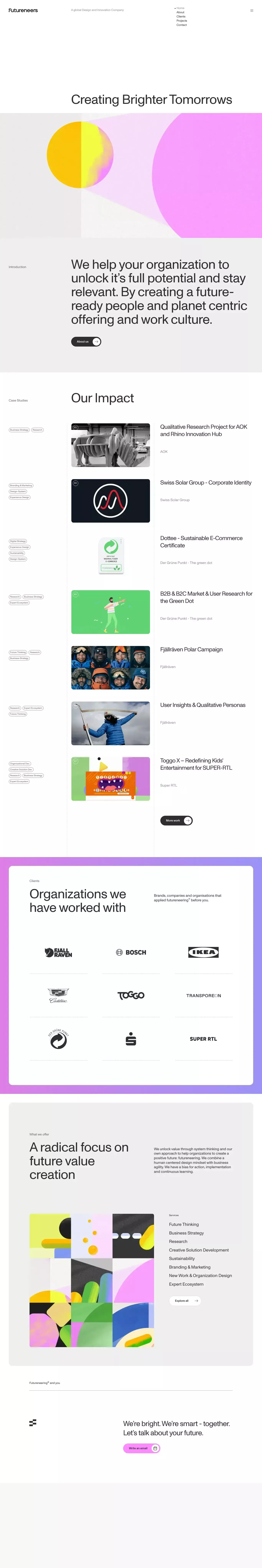 Futureneers portfolio page screenshot showcasing Design and Tech design