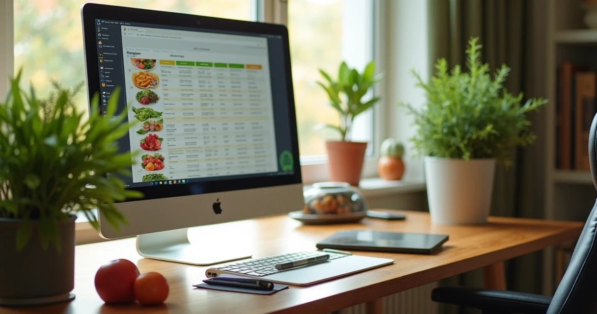 Mesa com computador em consultório de nutrição, plantas e prontuário ao lado 