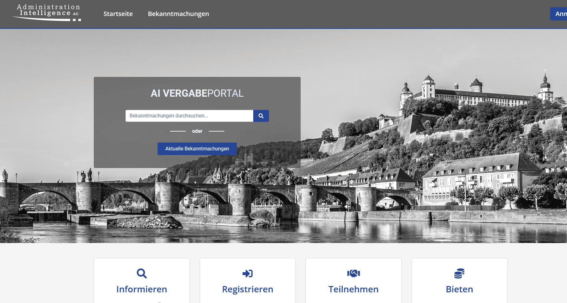 Bildausschnitt aus dem AI VERGABEPORTAL: Startseite
