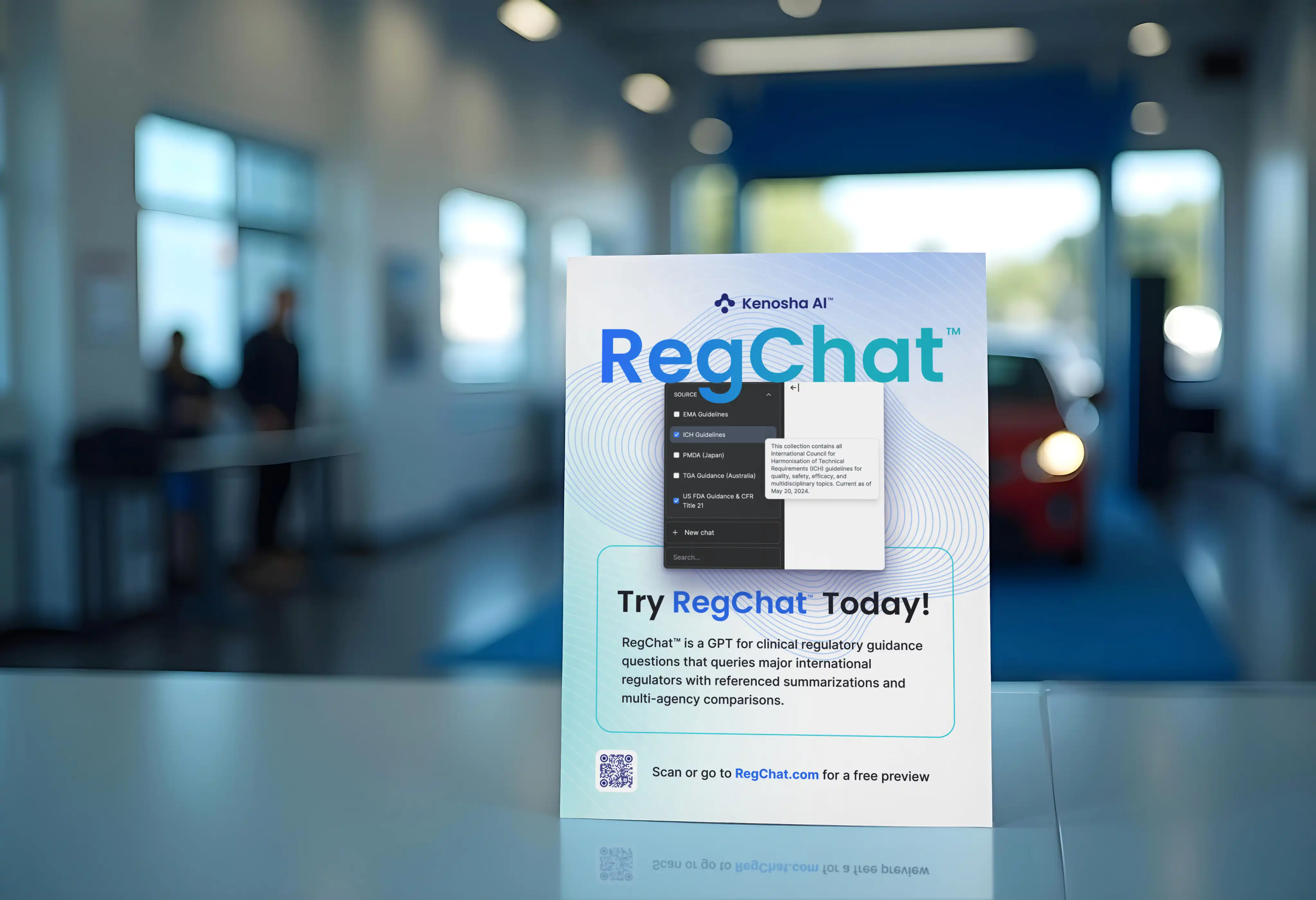 Kenosha AI RegChat promotional flyer with a product screenshot and QR code.