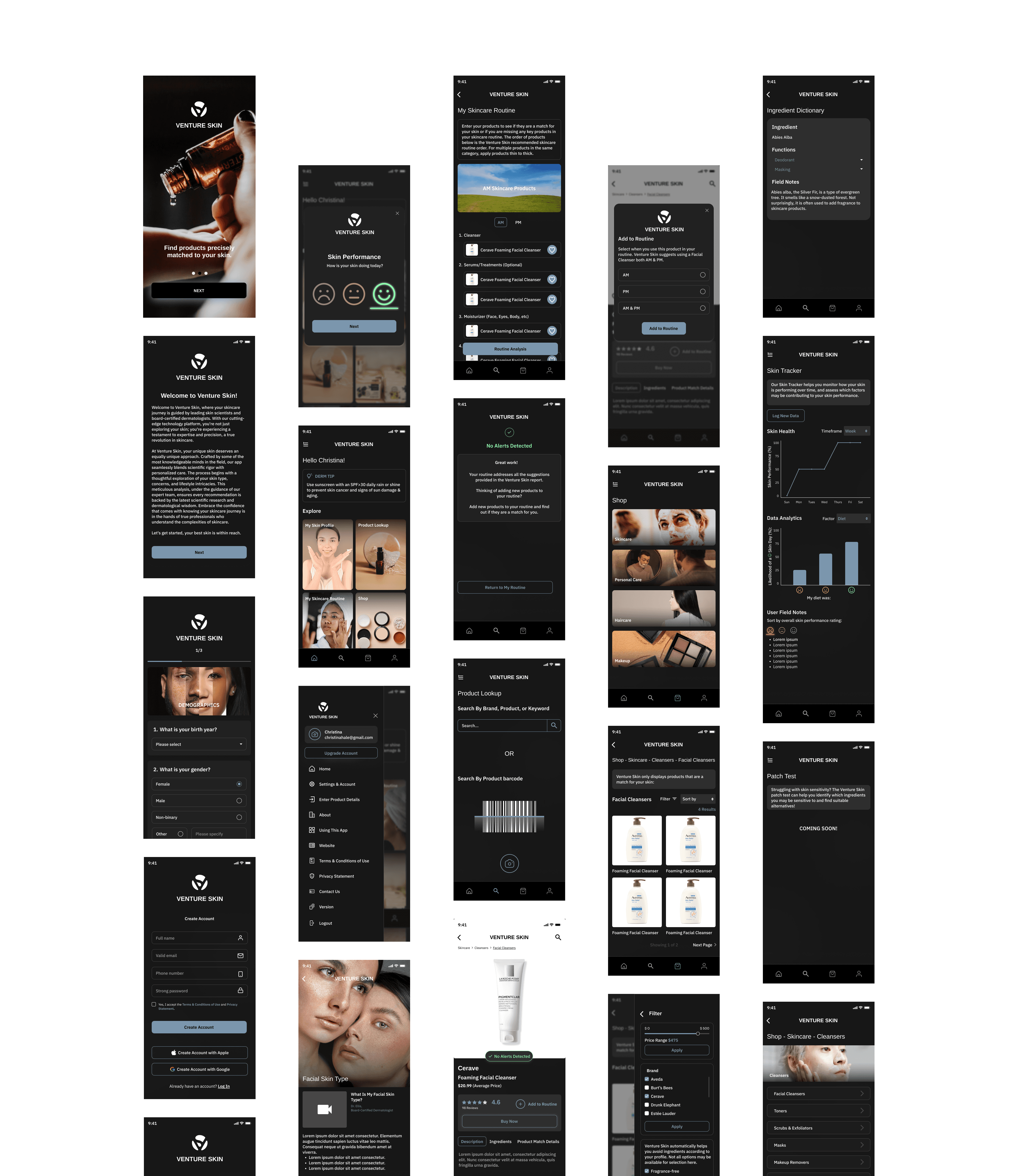 3 screens of the Venture Skin app