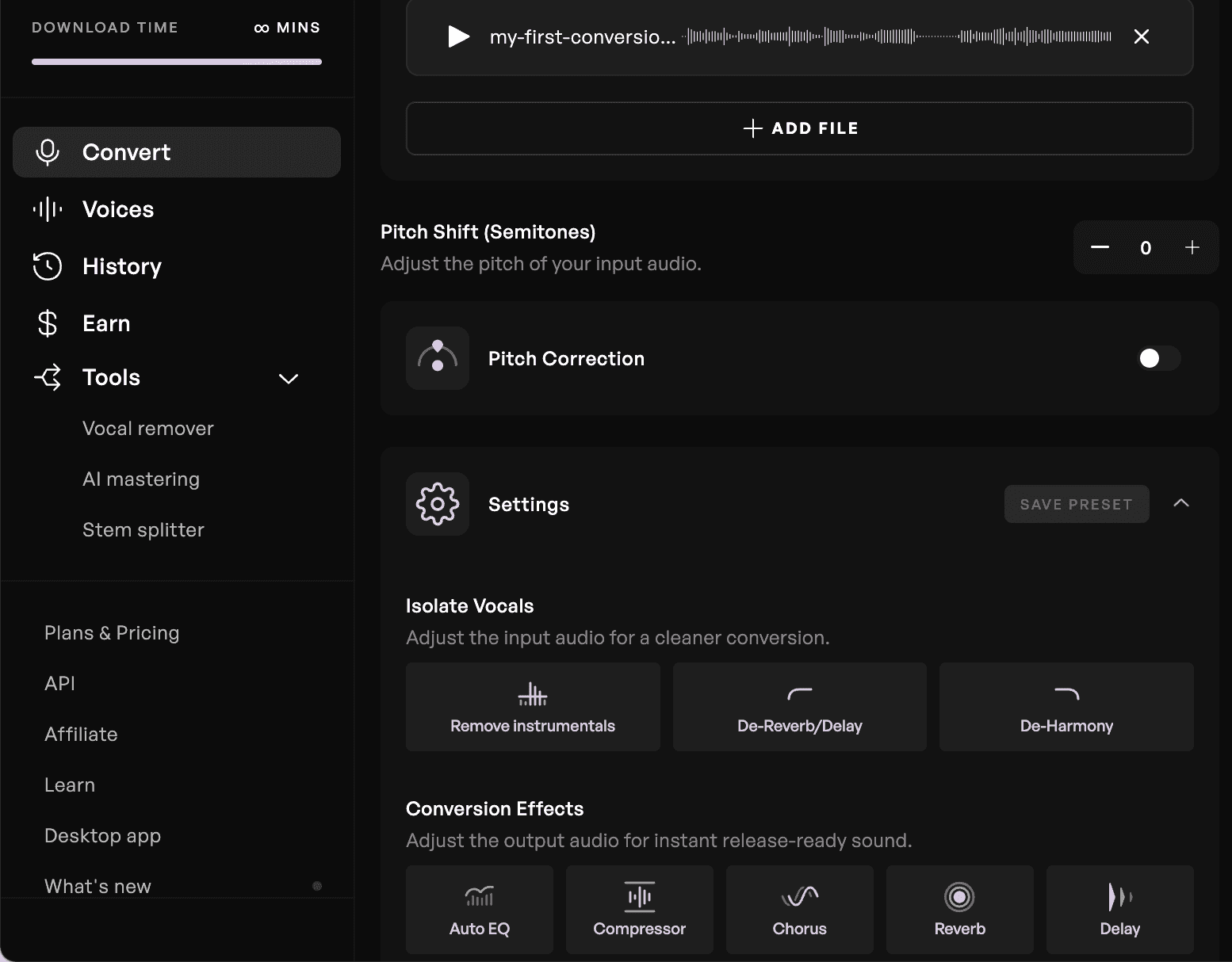 The Kits AI audio conversion dashboard