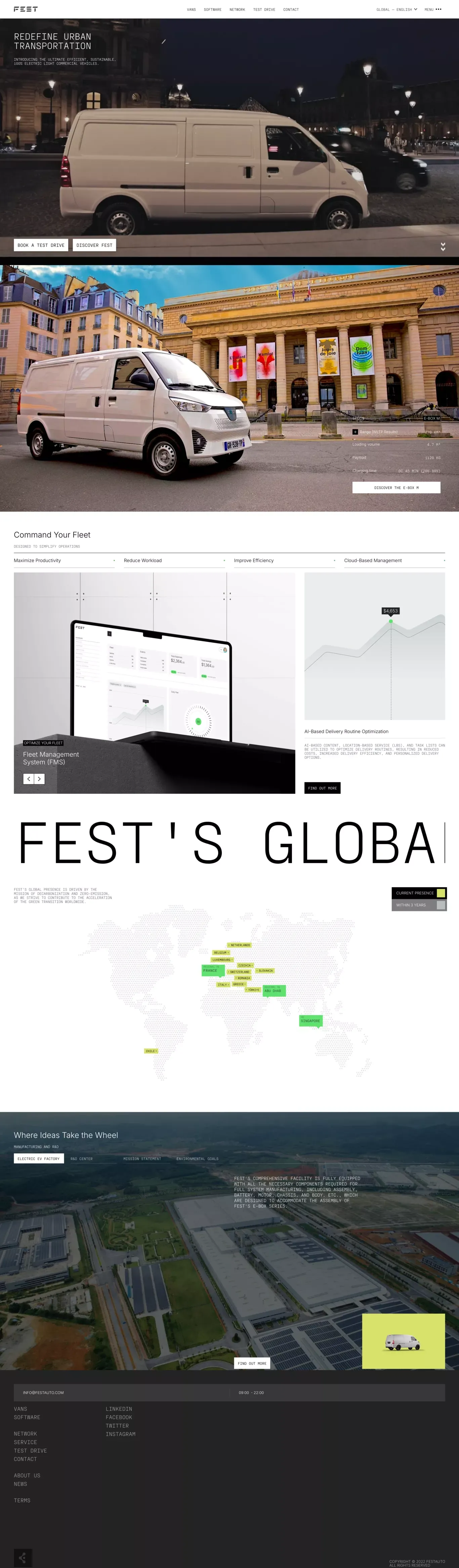 Fest Auto - Light commercial electric ve landing page screenshot showcasing Tech and Automotive design