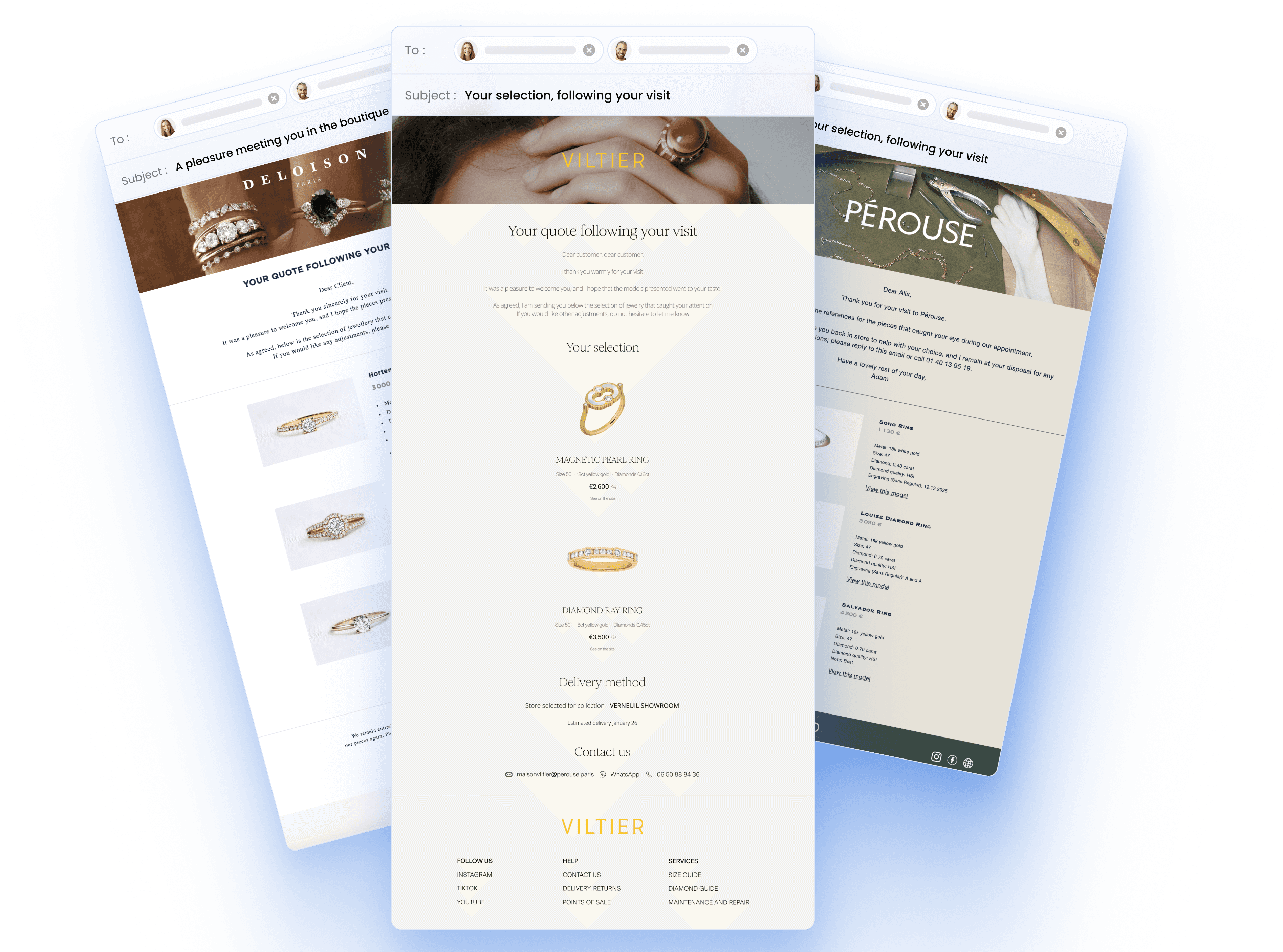 Exemple de 3 devis 2.0 envoyé par mail. GemFlow est un outil de création de devis à destination des joalliers et bijoutiers.