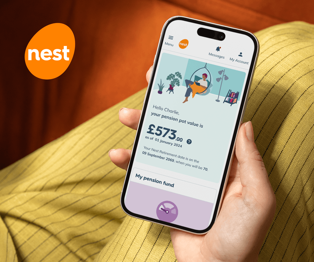 Photo of someone viewing their Nest pension dashboard on a smartphone with the Nest logo in the top left of the screen