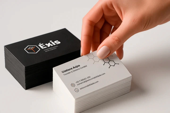 Cartões de visita sobre uma mesa branca com a marca Éxis impressa neles.
