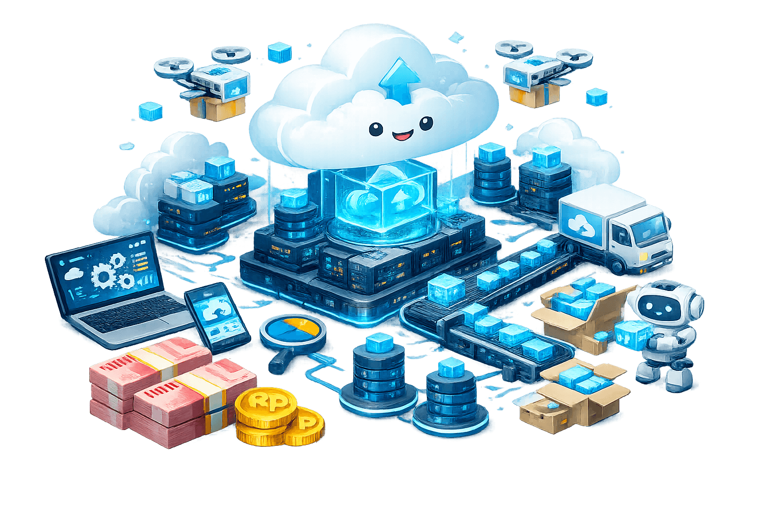 Ilustrasi cloud data orchestration & automated delivery berbasis AI. Di tengah, cloud ramah dengan panah naik menaungi data cube di atas data center, menandakan pemrosesan terpusat dan skalabilitas. Conveyor belt mengalirkan paket data biru menuju truk cloud, drone pengiriman, dan server edge, menggambarkan distribusi otomatis ke berbagai tujuan.  Di kiri bawah, laptop dan smartphone menampilkan dashboard dan notifikasi; kaca pembesar menunjukkan monitoring/observabilitas. Di kanan bawah, robot AI membantu sortir paket. Tumpukan uang dan koin Rp merepresentasikan nilai bisnis dari otomasi. Visual menekankan sinkronisasi real‑time, keamanan, dan efisiensi dalam ekosistem cloud modern.