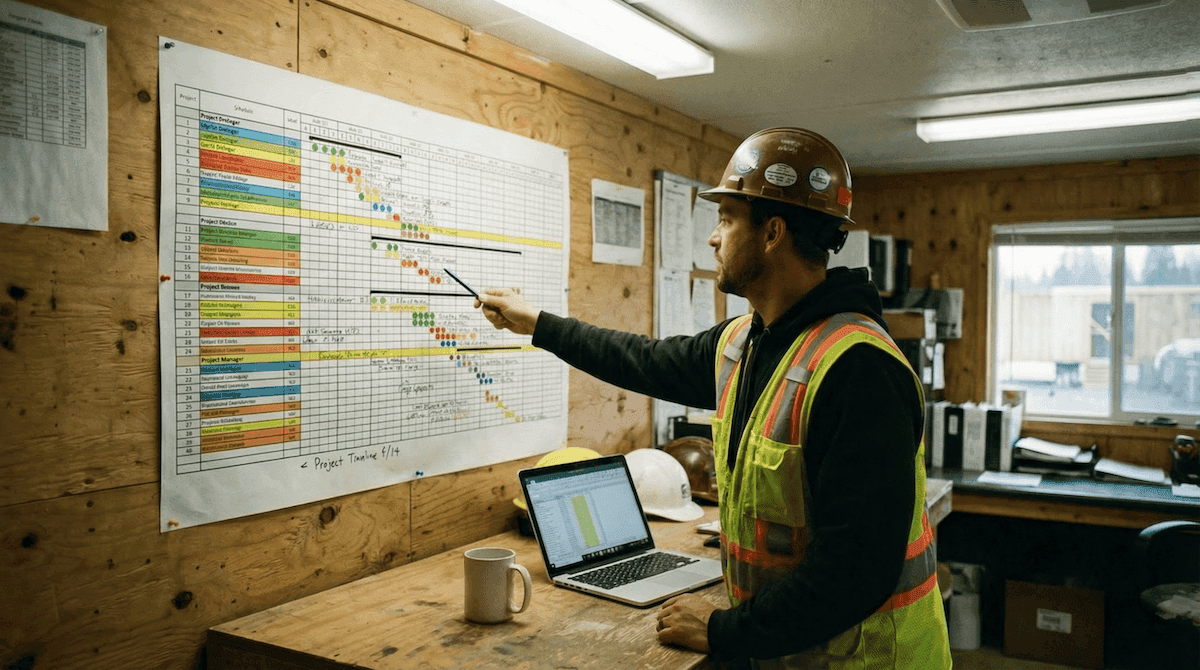 Construction project manager reviewing a submittal schedule timeline on a job site trailer wall