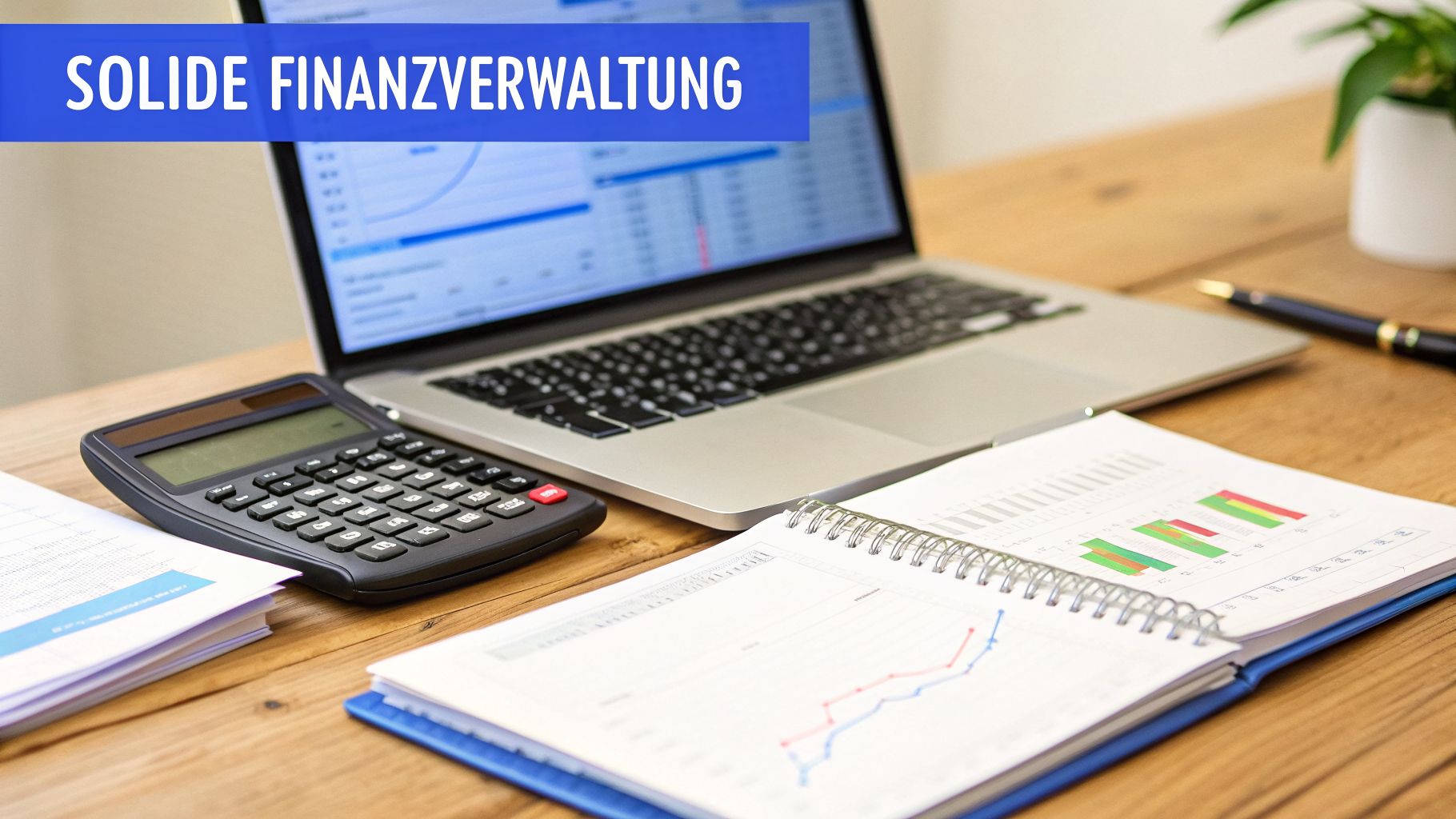 Ein Schreibtisch mit Laptop, Rechner, Finanzdokumenten und dem Text 'SOLIDE FINANZVERWALTUNG' für effiziente Verwaltung.