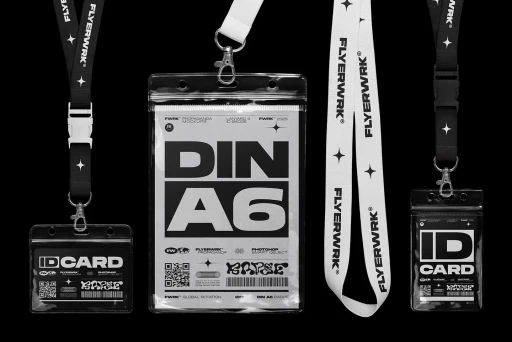 Authentic Lanyard and ID Badge Mockup featuring black and white straps with DIN A6 badge holders