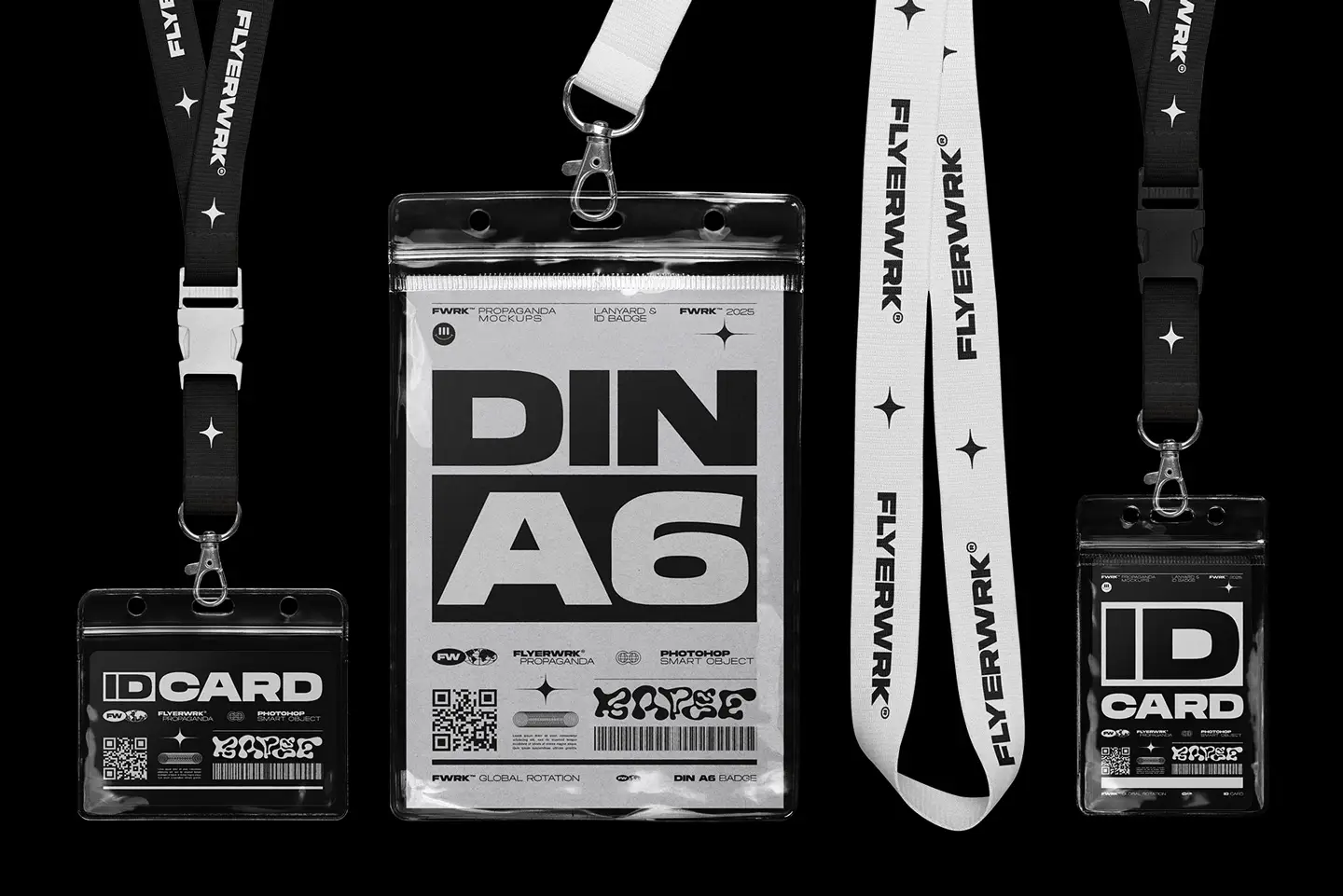 Authentic Lanyard and ID Badge Mockup featuring black and white straps with DIN A6 badge holders