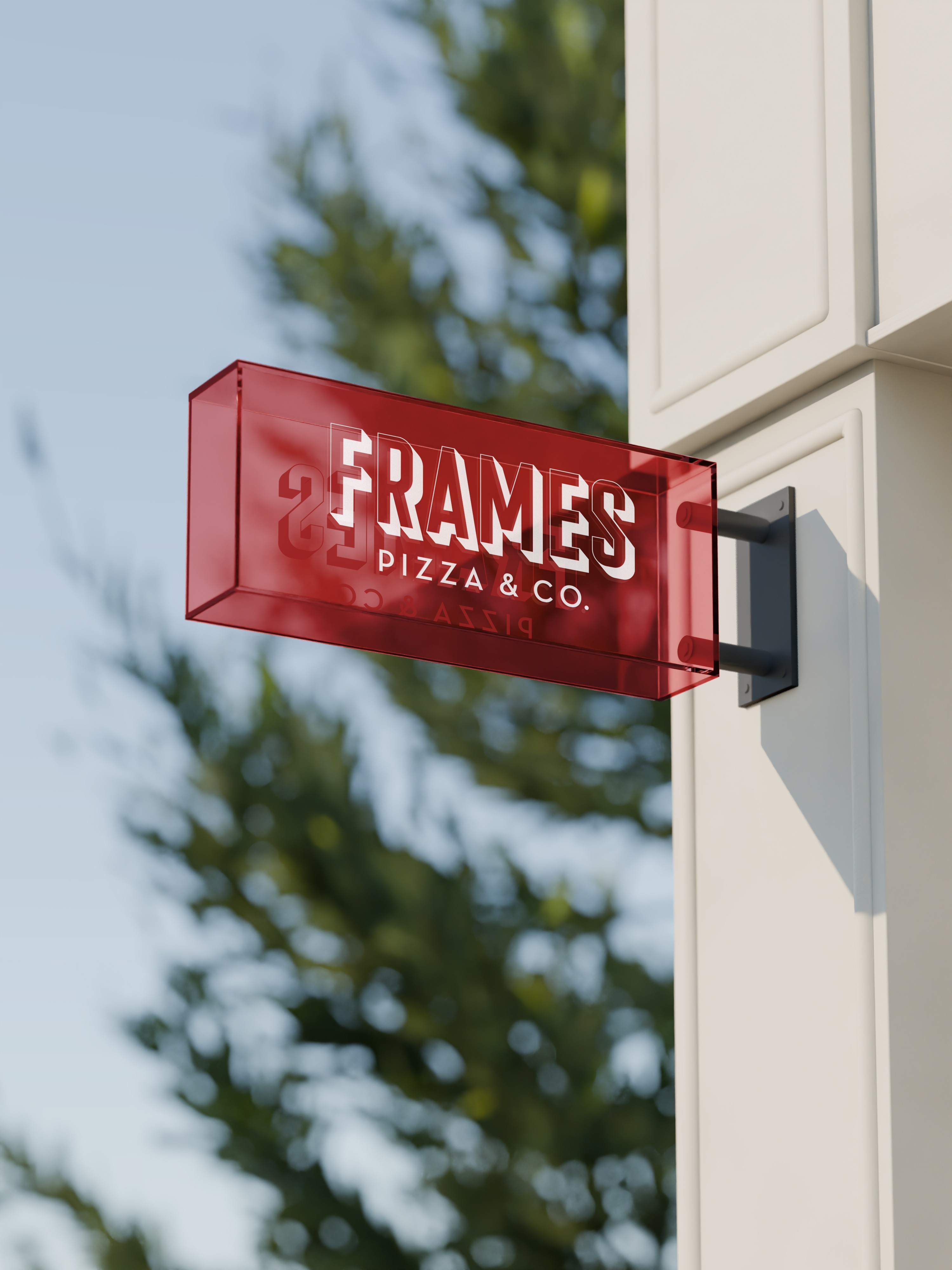 Markenauftritt im Raum – Corporate Design von Frames Pizza Slices auf Beschilderung und Außenflächen