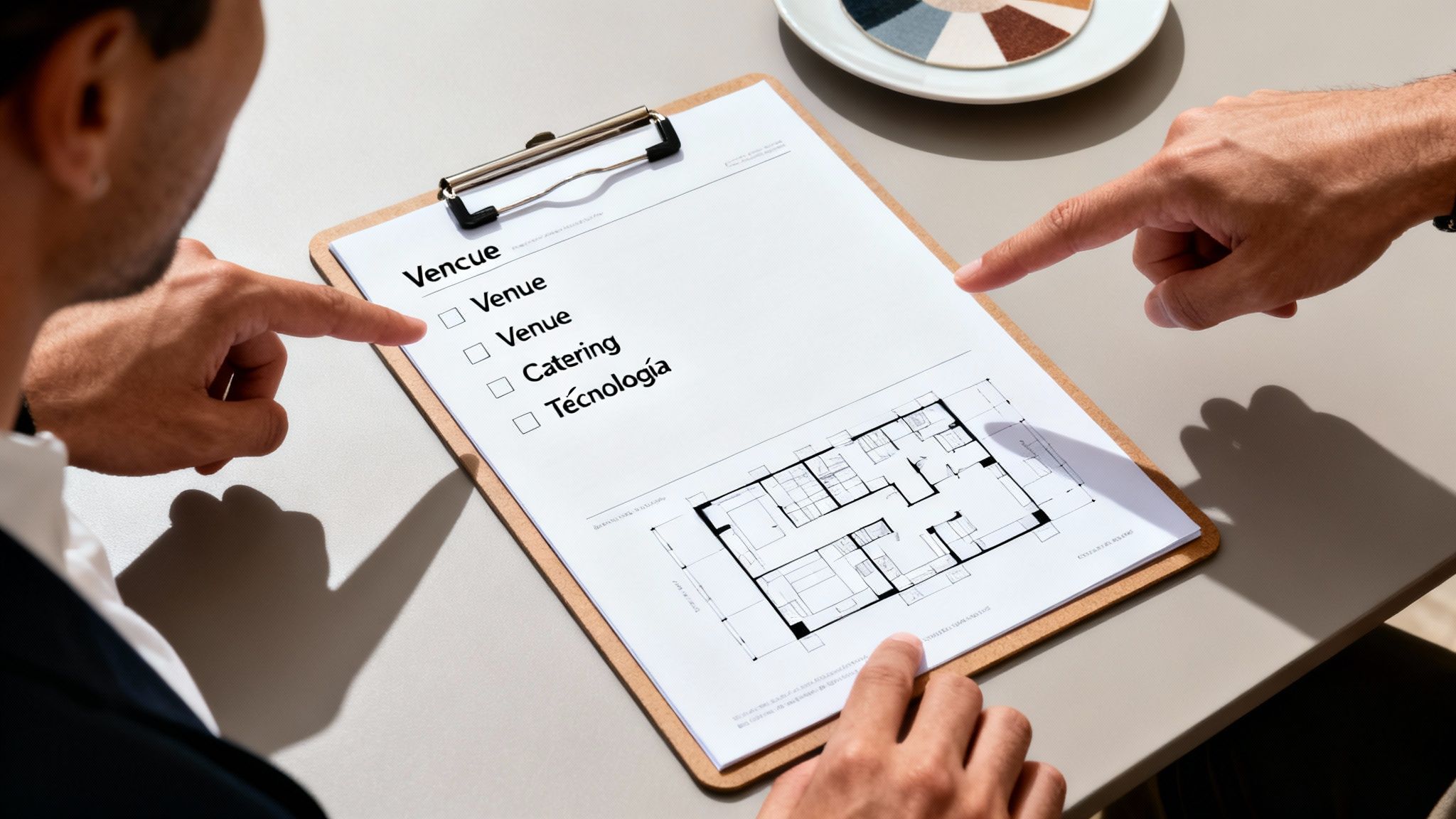 Dos personas revisan una lista de verificación con opciones de evento y un plano. Una persona señala 'Venue'.
