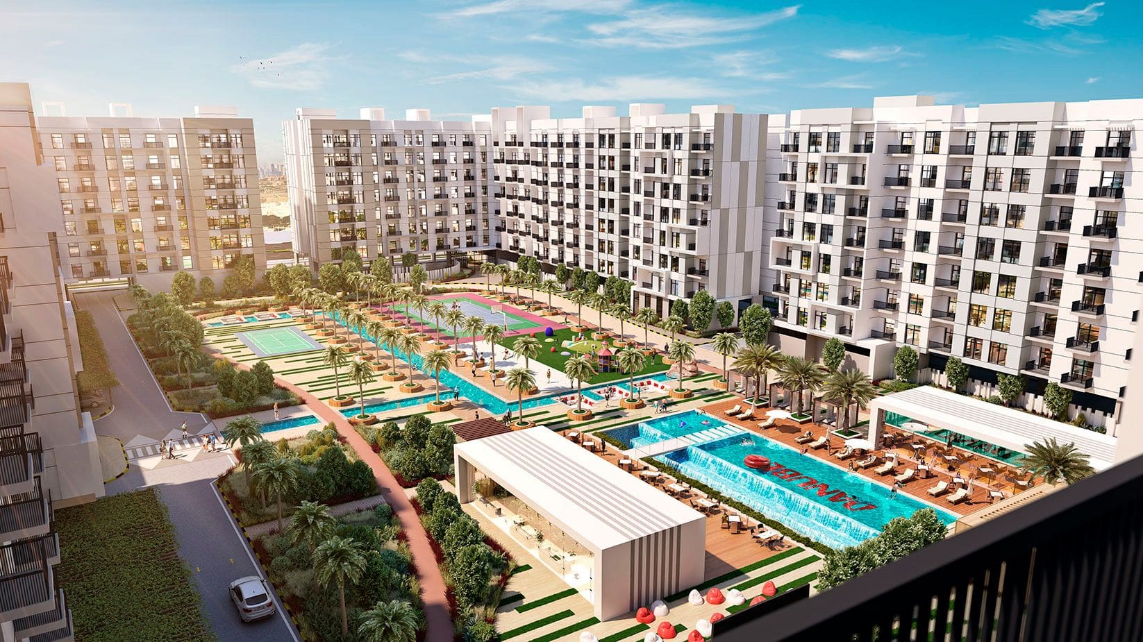 Lawnz by Danube outdoor amenities and pool. Top-tier real estate agent guidance for premium property buys.