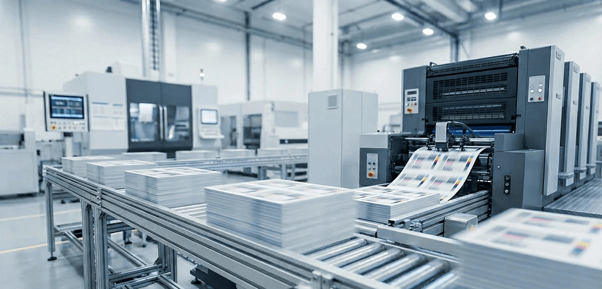 Industrial offset printing machine in Kuching factory processing high volume wholesale cake box orders.