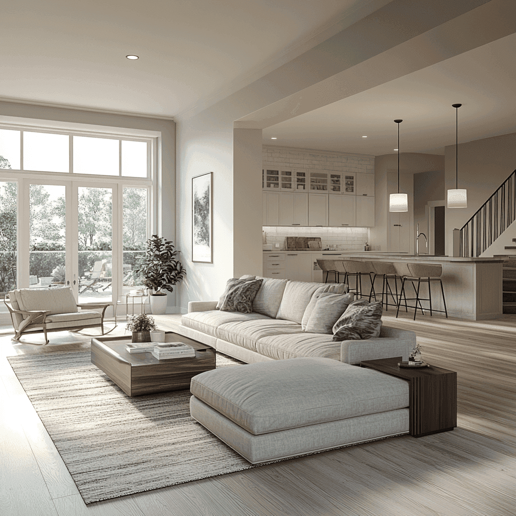 Modern living room with large windows, light wood flooring, gray sofa and chairs, and green plants. Bright, airy atmosphere with natural light.