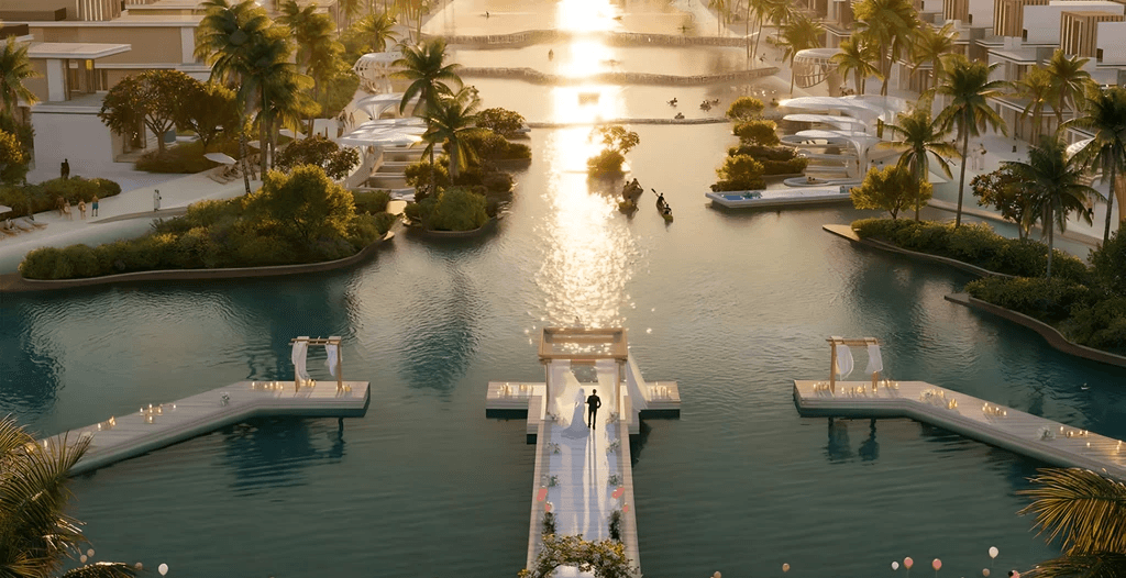 A view of the new Jumeirah Al Quoz Resort at Bermuda, Damac Islands 2, highlighting its sleek architecture and greenery.