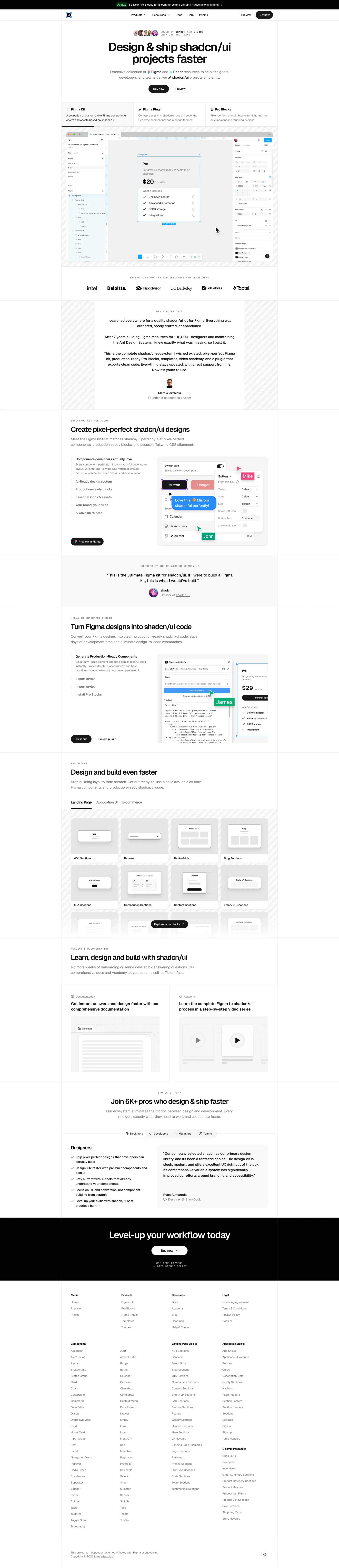 shadcn/ui kit for Figma, Pro Blocks & Te portfolio page screenshot showcasing Design and Tech design
