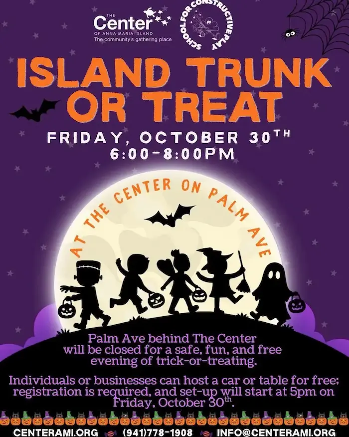 The image shows a purple Halloween-themed event poster for "Island Trunk or Treat" on Friday, October 30th, from 6:00 to 8:00 PM at The Center on Palm Avenue in Bradenton, FL, featuring silhouettes of trick-or-treaters, a haunted house, and bats.