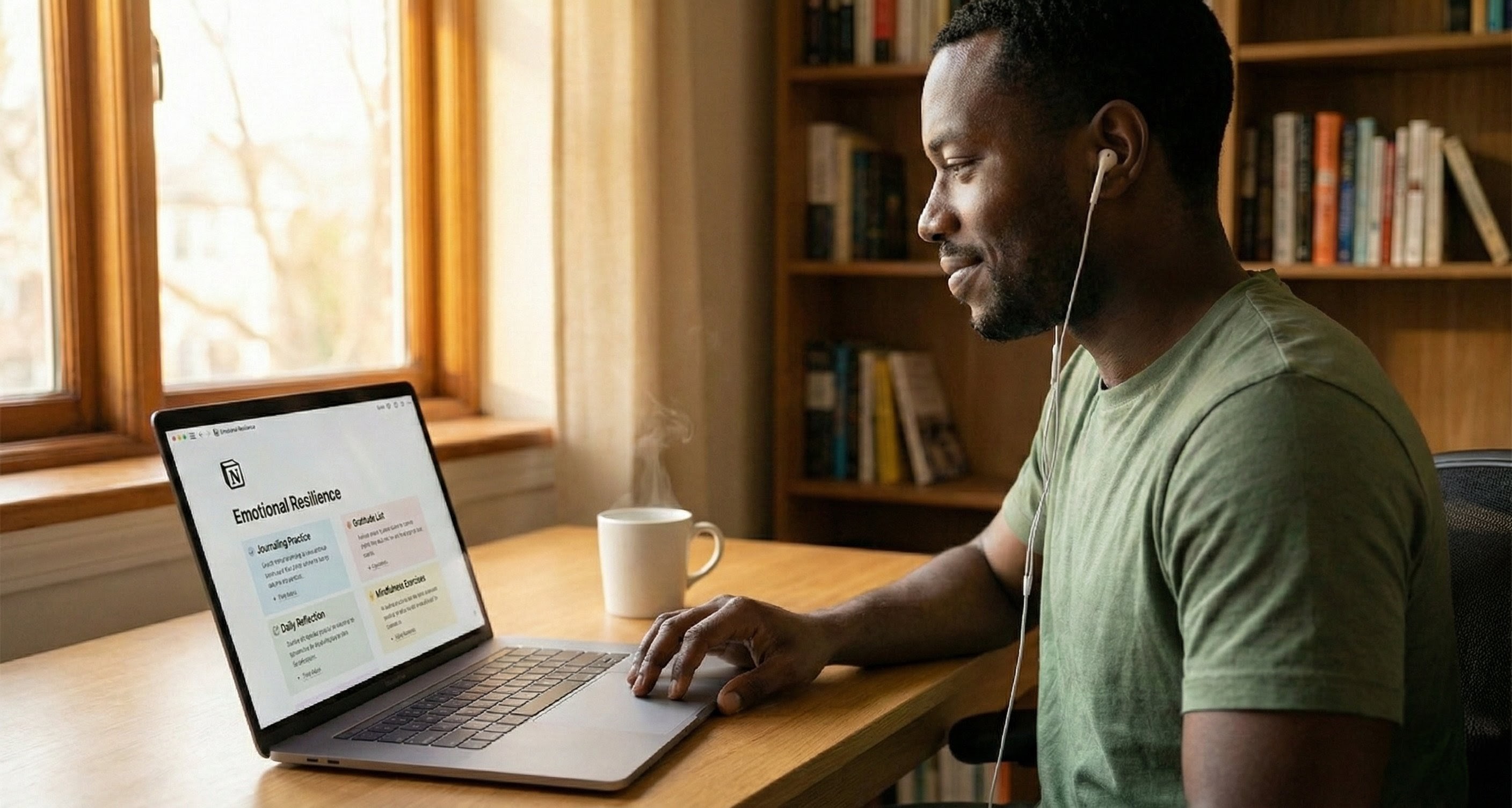 A man smiling while reading the Emotional Resilience journaling prompts and gratitude list on his laptop screen.