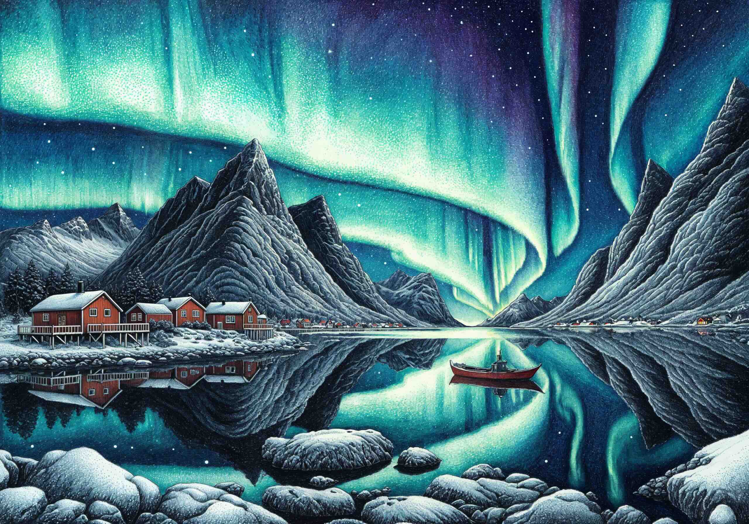 A stunning illustration of Norway’s winter landscape, featuring snow-covered mountains, red cabins by a calm fjord, and the Northern Lights illuminating the night sky.