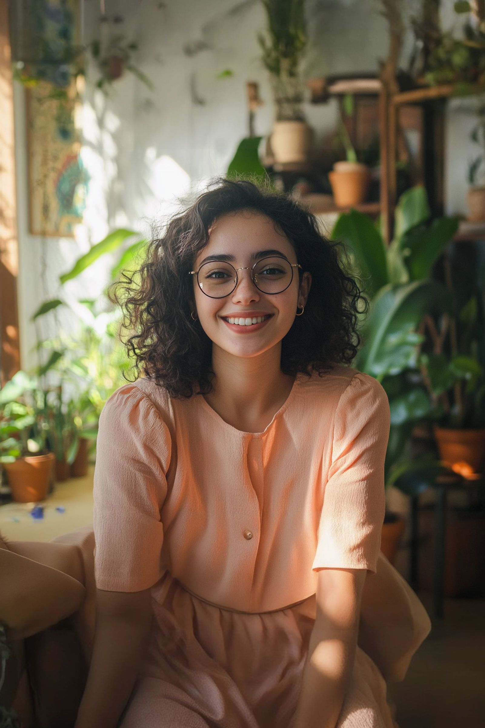 A young woman with curly hair and glasses smiles warmly while sitting in a sunlit room filled with various potted plants, creating a cozy and inviting atmosphere.