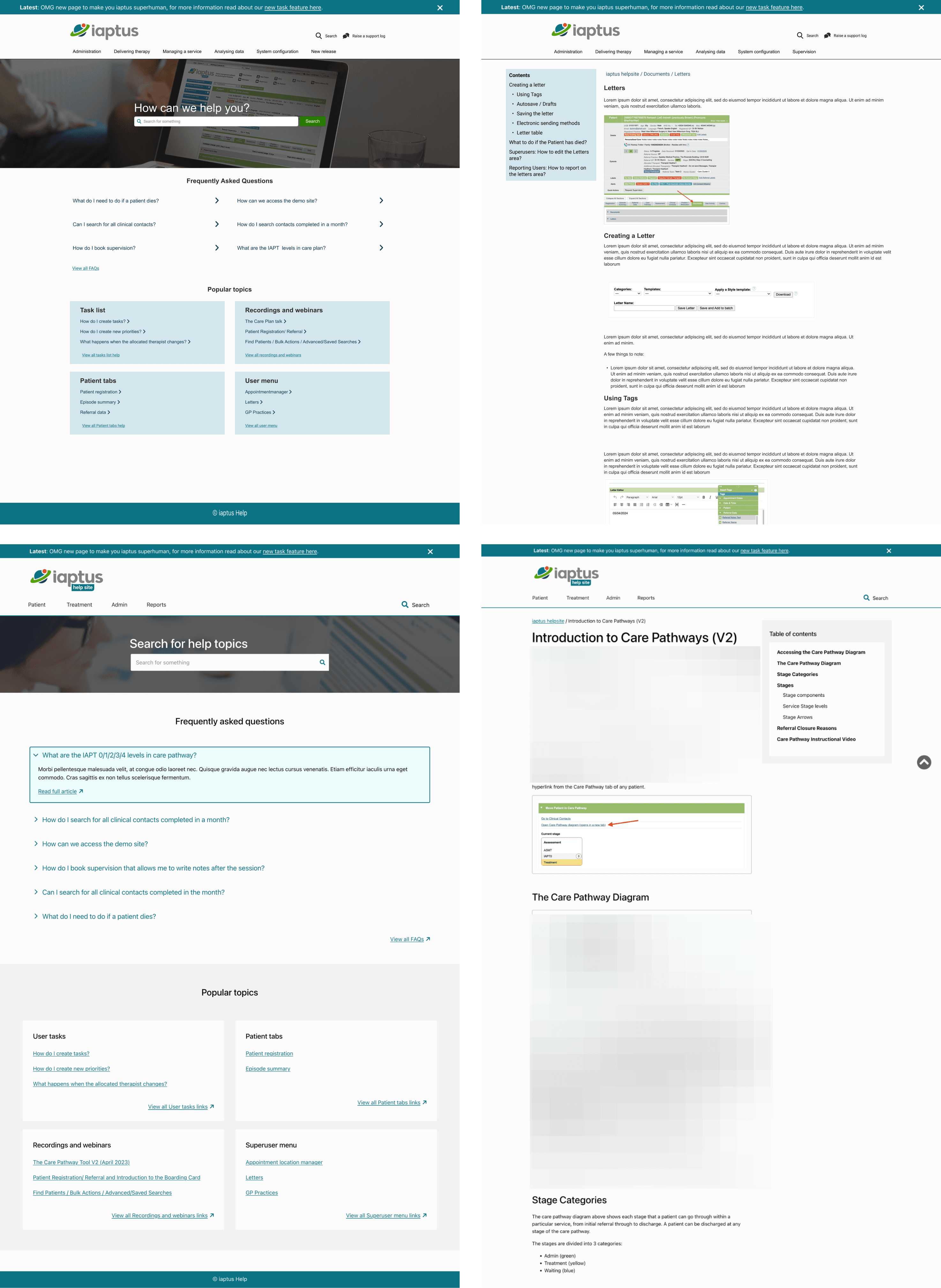 High-fidelity designs of the Help Centre, showcasing a polished interface with search functionality, FAQs, and detailed article layouts.