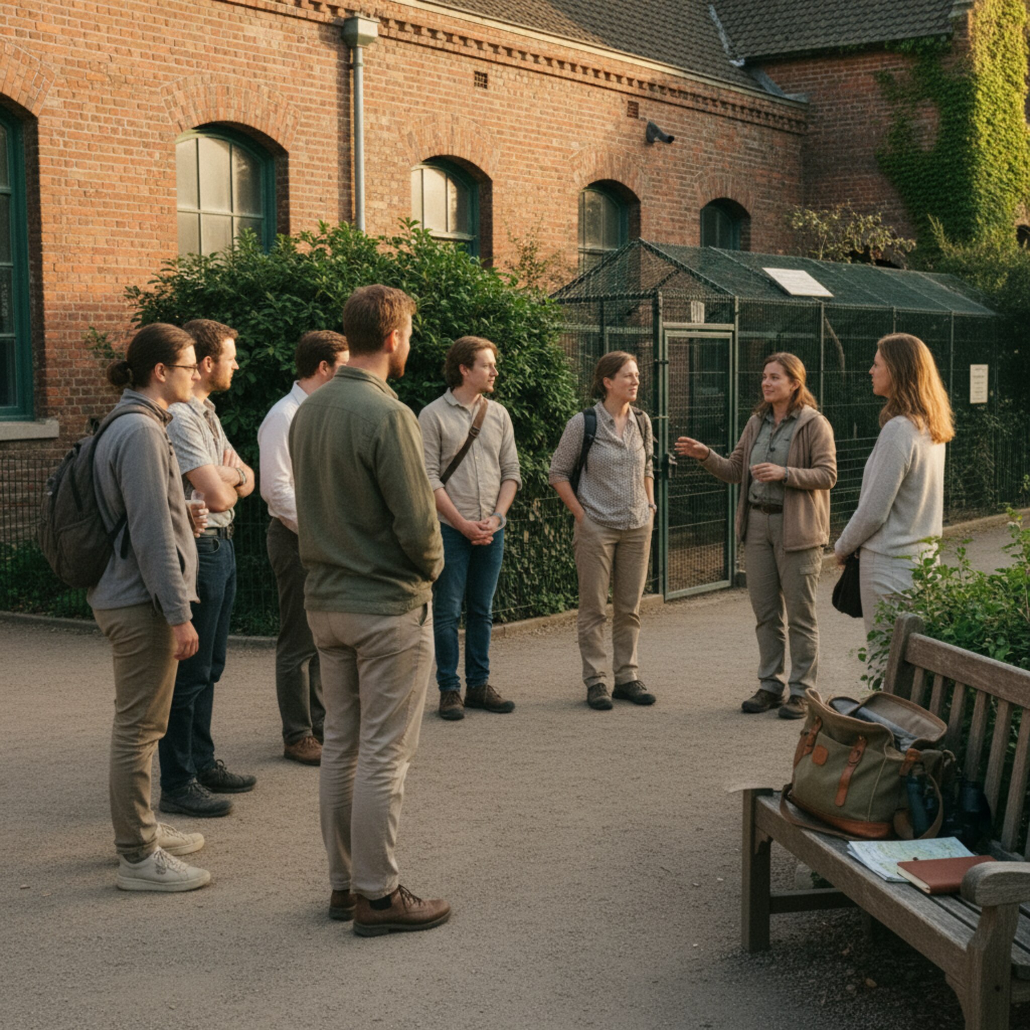 Neben einem historischen Backsteinbau stehen Besucher in kleiner Runde, ein Guide zeigt auf ein verstecktes Gehege. Goldene Abendsonne taucht die Szene in warmes Licht. Eine Tasche mit Feldstechern liegt bereit, Stimmen klingen gedämpft, alles wirkt strukturiert und aufmerksam.