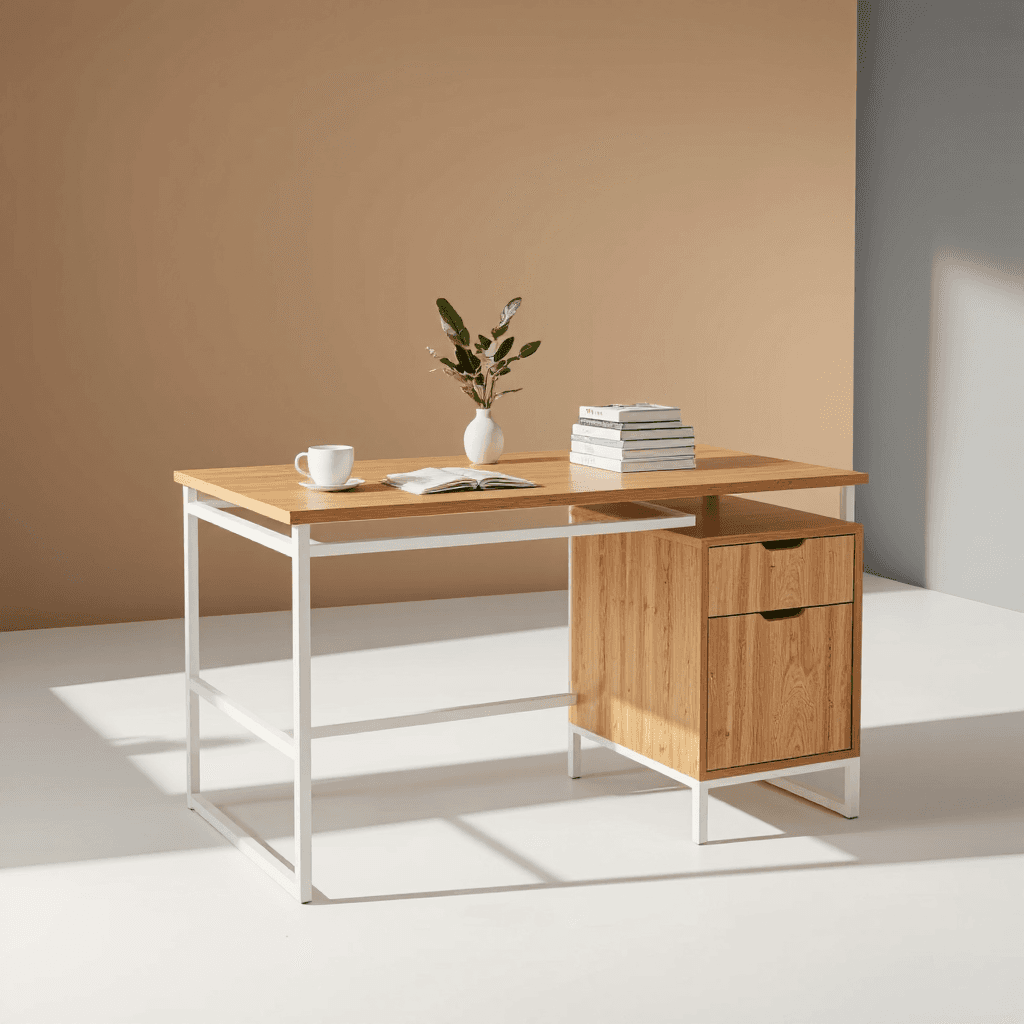 product photography of a wooden desk with a storage cabinet and a coffee cup