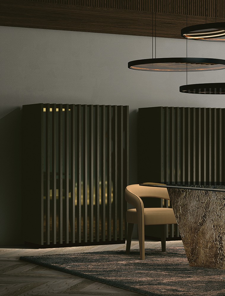 elegant chair with glass and wood cabinets