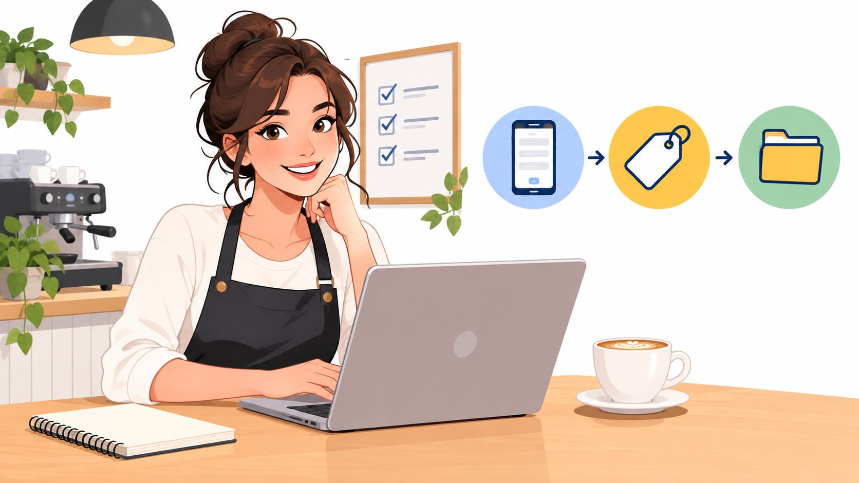 Joven barista trabajando en su computadora con iconos que explican el proceso de etiquetas en WhatsApp Business.