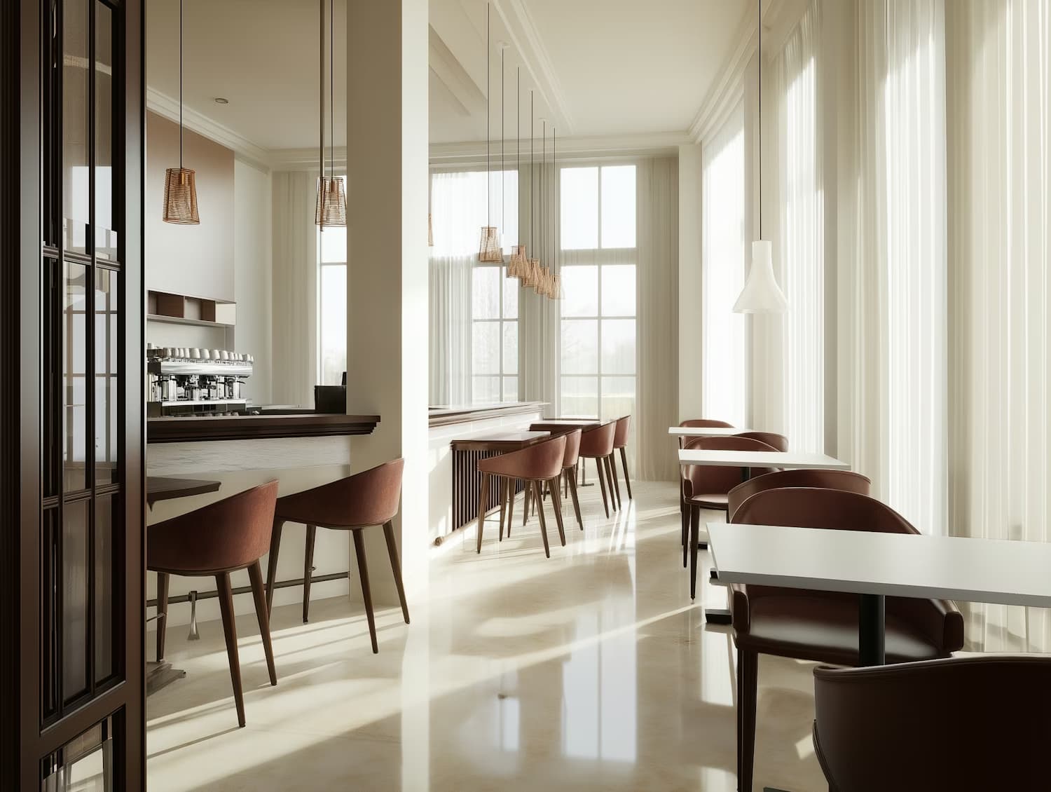 Sunlit minimalist cafe with brown chairs and bar.