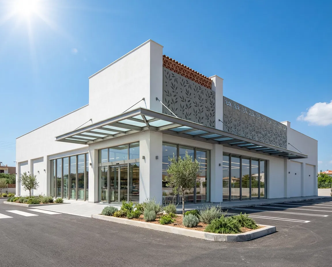 Exterior view of a modern Greek supermarket with characteristic local architecture.