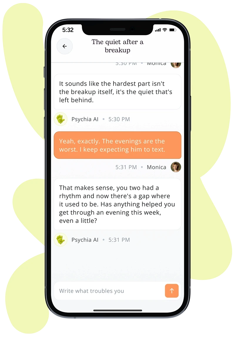 Screenshot of the Psychia AI app chat, offering support after a breakup