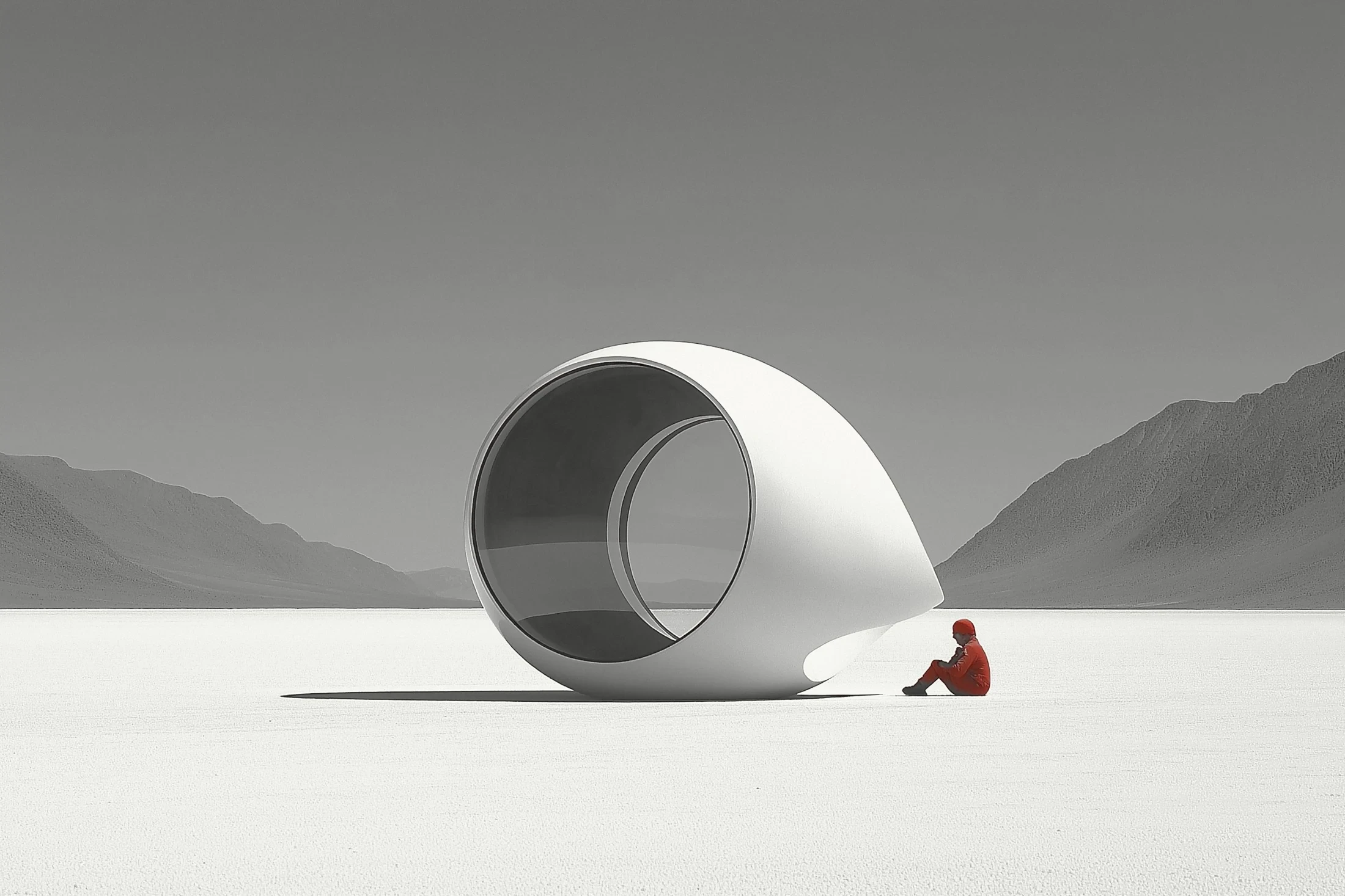 P-2 survey pod on white salt flats with a person in red resting beside it