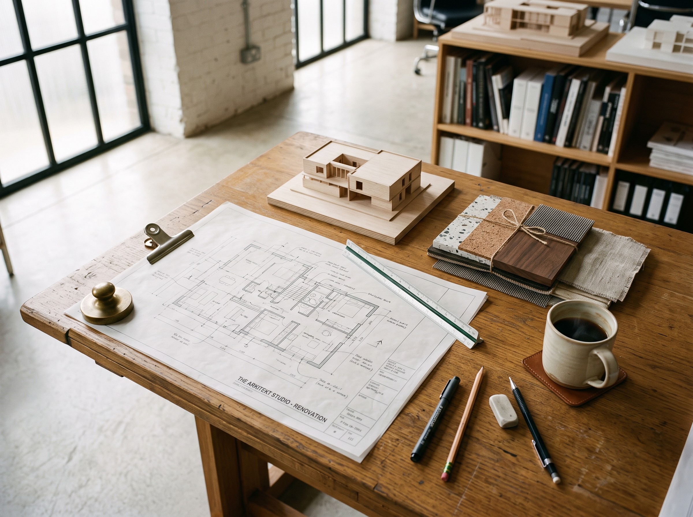 Close overhead shot of a wooden drafting table: rolled architectural drawings, a scale ruler,