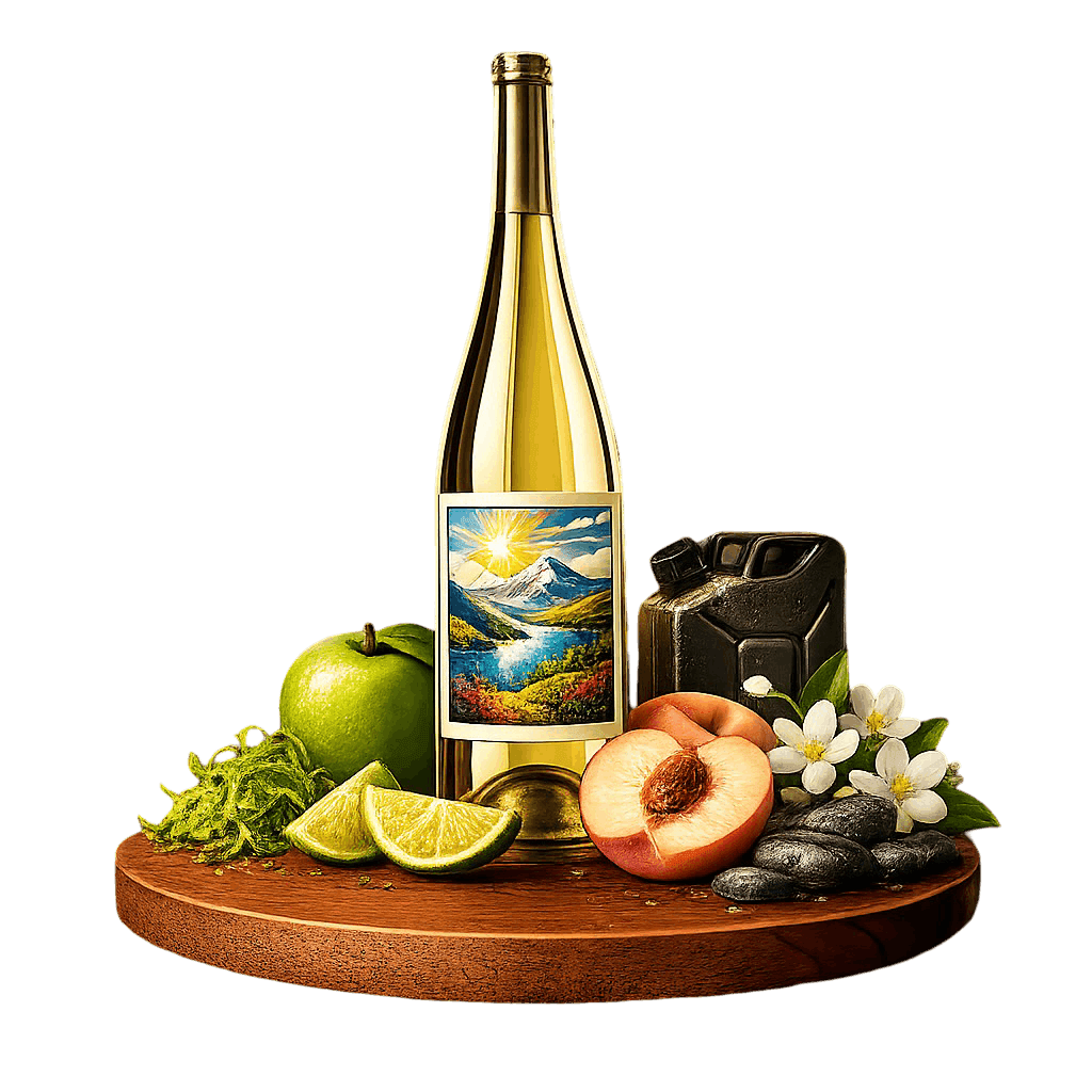 Artistic label and flavor profile for Okanagan Valley Riesling on a rustic wooden table.