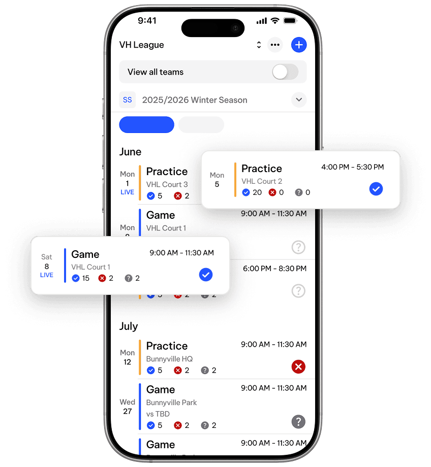 TeamLinkt team app showing upcoming games and practice schedule for a sports program