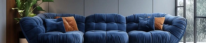 Contemporary living room with plush blue sofas, orange accent pillows, a large potted plant, and floor-to-ceiling windows.