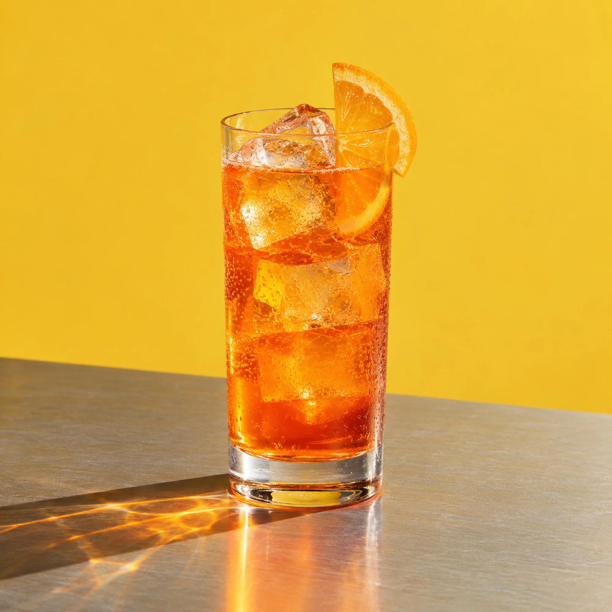 An orange spritz on a steel table against a yellow wall