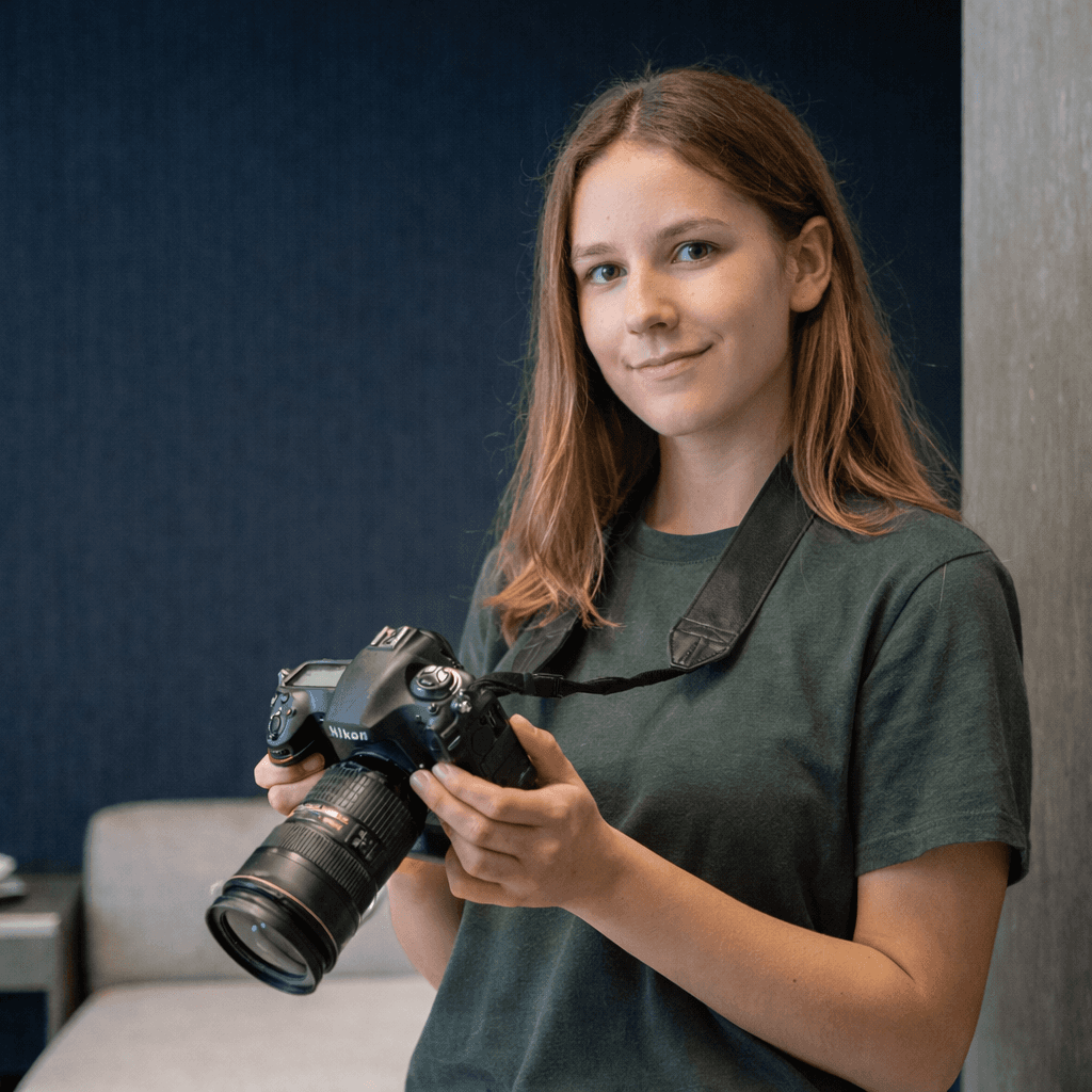 Smiling young woman with long hair standing against a dark green background, holding a finger to her chin.