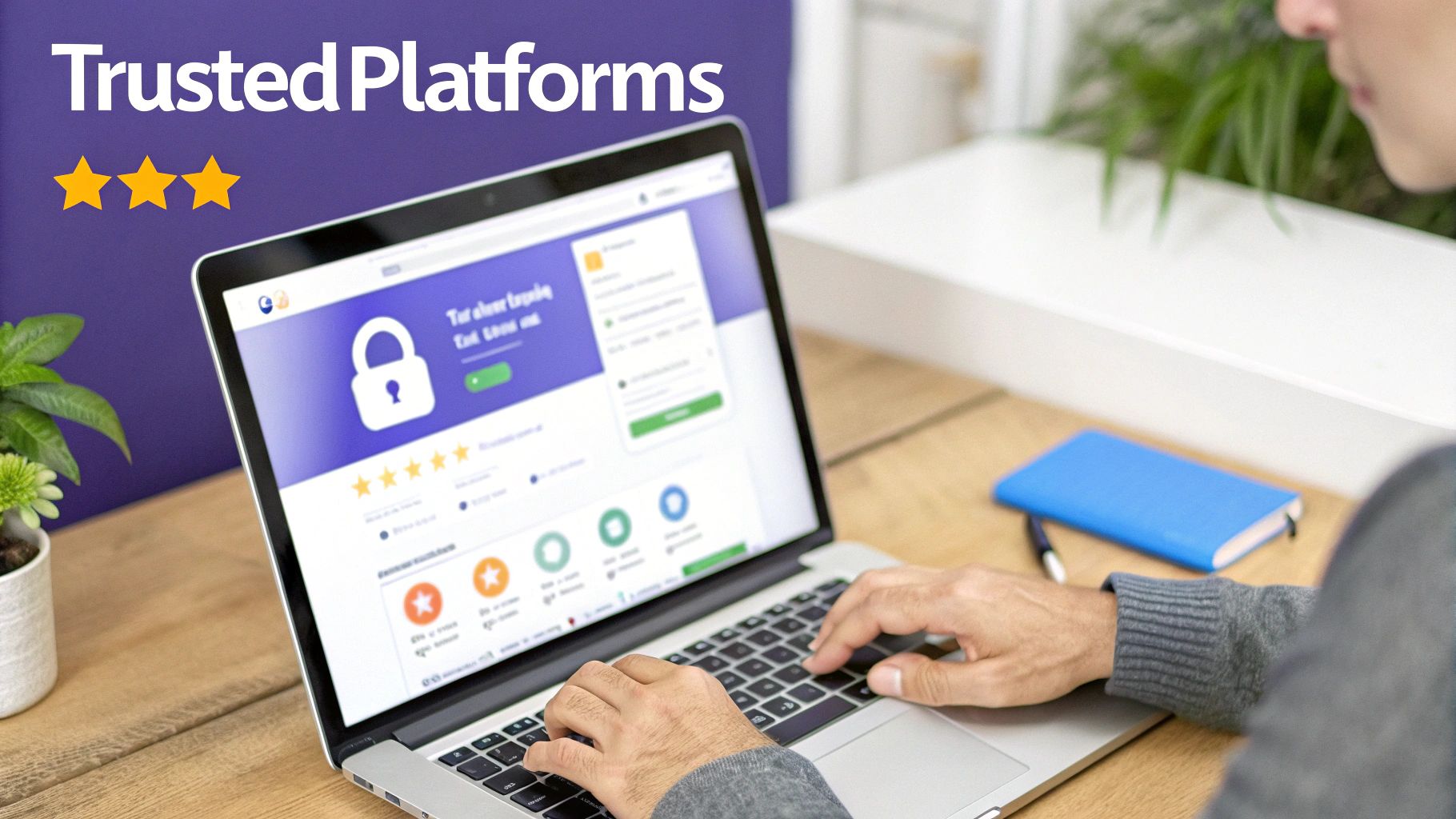 Person using a laptop displaying a secure platform with a padlock icon and star ratings, highlighting trusted apps.