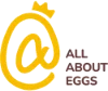 Stylized golden "at" symbol with a small crown atop, next to the brown text "ALL ABOUT EGGS", representing quality egg.