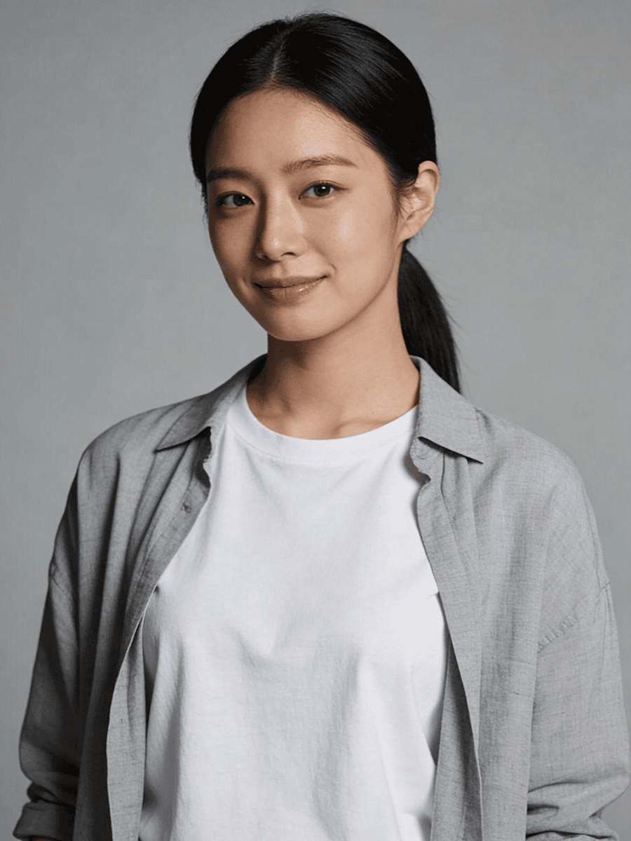 Portrait of a young woman with tied-back dark hair wearing a white T-shirt and light gray overshirt against a soft gray background.