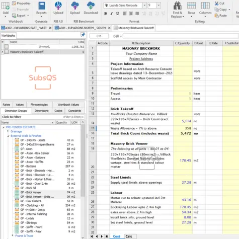 CostX Takeoff quantities for masonry brickwork trade by SubsQS