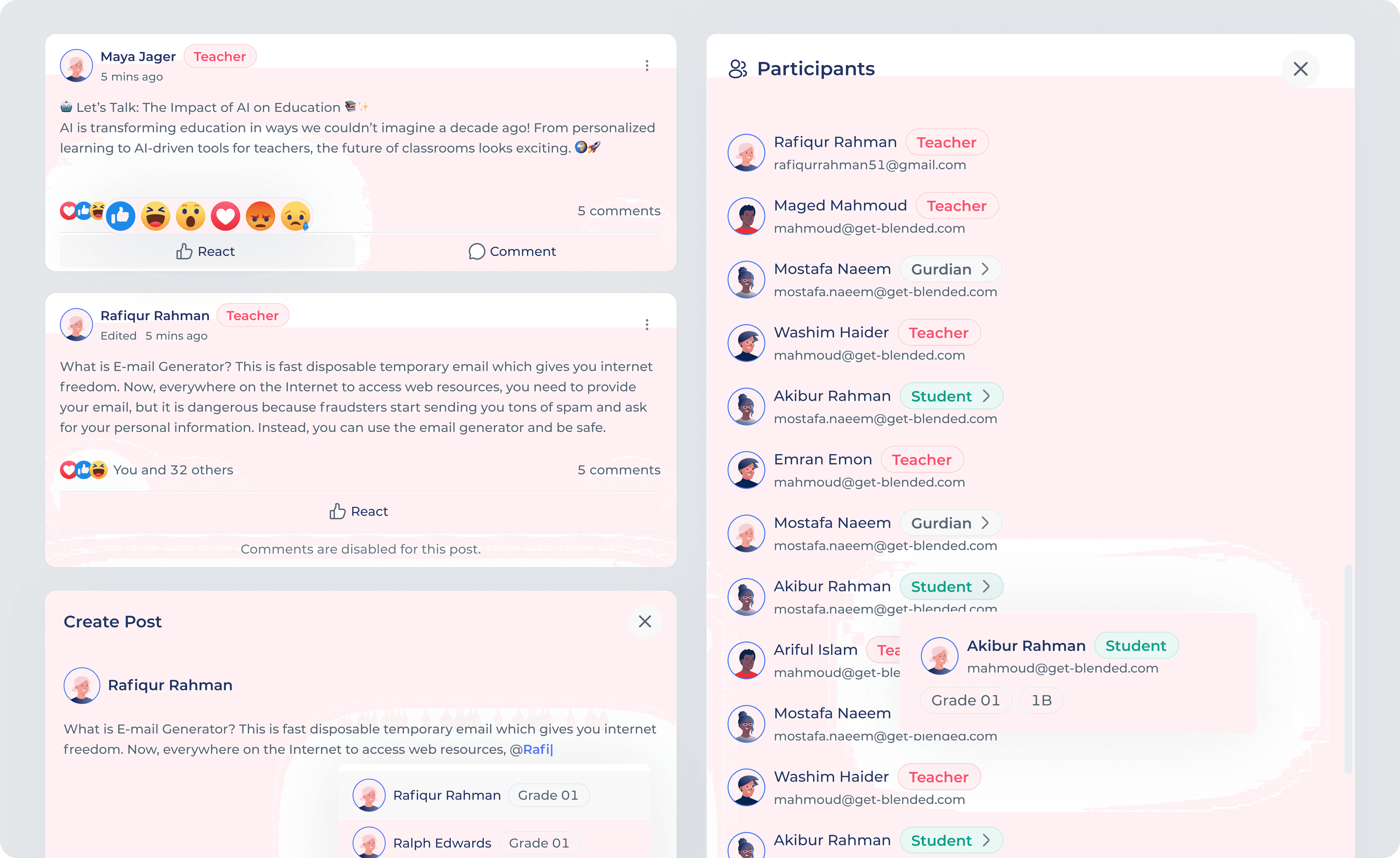 Discussion room detail view displaying post threads, participant list, activity metrics, recent media, and shared file previews.
