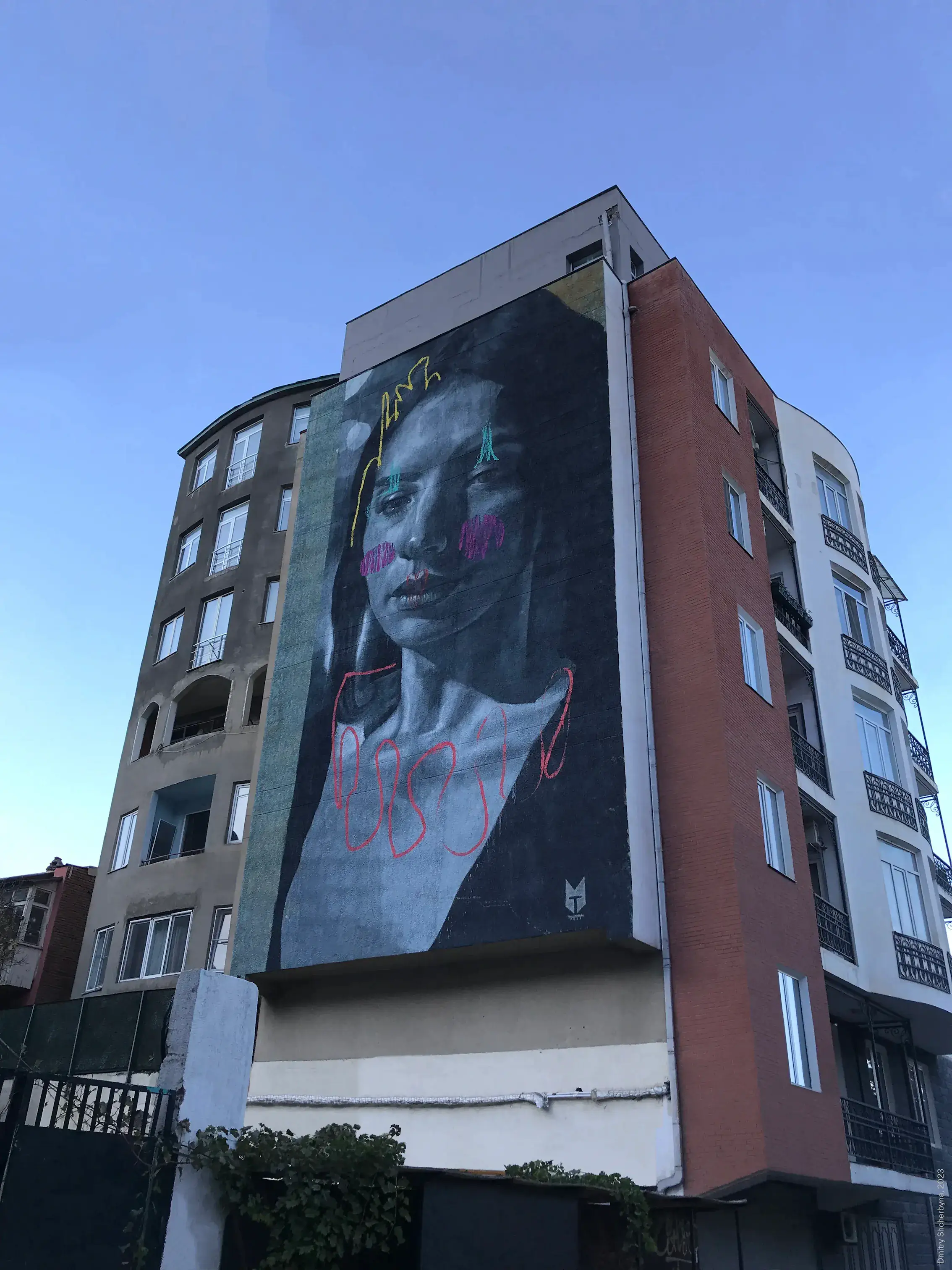 A large dark-toned portrait mural of a woman's face on the side of an apartment building, painted mostly in deep blue-grey with subtle colorful accents — yellow and teal lines across her forehead and a pink looping outline around her neck and chest. A small fox-like logo appears at the bottom.